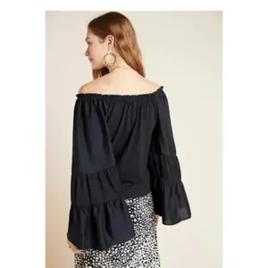 Anthropologie Black Off Shoulder Ruffled Hippie Fairy Peasant Top thumbnail 4