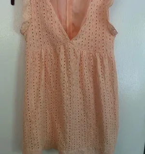Peach color eyelet babydoll mini dress - small thumbnail 2