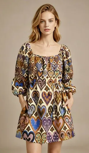 NWOT Farm Rio Hearts Ikat Cream Long-Sleeve Mini Dress Size M thumbnail 1