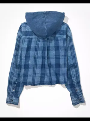 American Eagle AE Cropped Hooded Flannel Shirt in blue S thumbnail 7