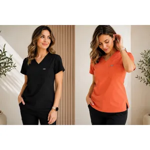 FIGS Set Catarina One Pocket Scrub Tops Medium Orange And Black EUC thumbnail 2