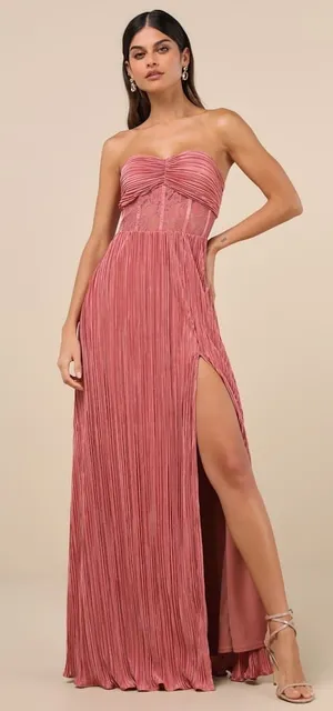 NWT Lulus Desme Rose Pink Satin Plisse Strapless Maxi Dress Holiday Party Size M thumbnail 1