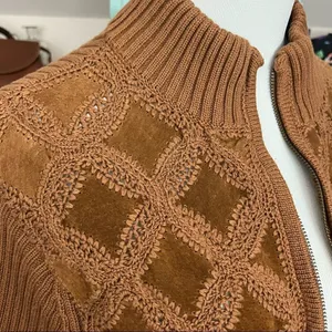 Vintage Y2K Lisa International Sweater Jacket Camel Suede / Crochet Knit XL thumbnail 2