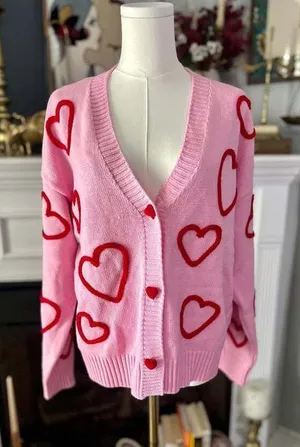 Pink Cardigan with Red Hearts NWT Women’s Size Large thumbnail 1