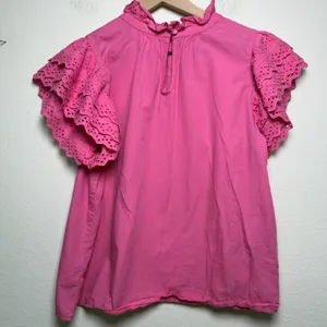 THML Women Cotton Top Medium Pink Eyelet‎ Ruffle Preppy Garden Party Resort thumbnail 9