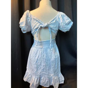 Sincerely Jules Light Blue Eyelet Mini Dress Puff Sleeve Tie Back‎ Smocked Waist thumbnail 4