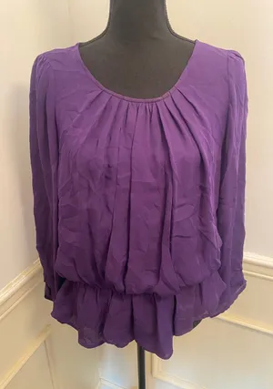 Joie Silk Long Sleeve Blouse Peasant Top Purple Scoop Neck Smocked Elastic Waist thumbnail 1