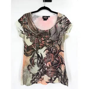 Harley Davidson Graphic Tee Women M Orange Black Eagle Dragon Grunge Street Y2K thumbnail 2