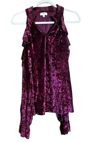 Umgee Top Womens Large Burgundy Crushed Velvet Ruffle Cold Shoulder Blouse thumbnail 1