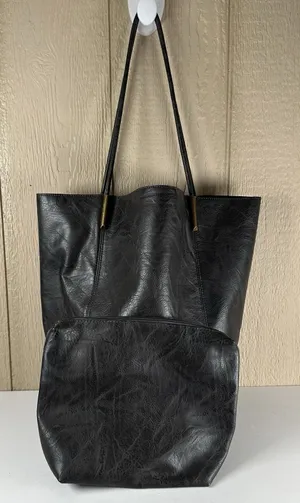Anthropologie Leather Akimbo Shoulder Tote Bag w/ Pouch Black Charcoal Brass thumbnail 1