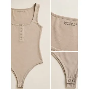Abercrombie & Fitch Soft A&F Beige Henley Bodysuit Size M Sleeveless Snap Front thumbnail 2