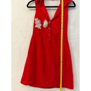 Bebe Red Mini Dress Womens XS Sleeveless Halter Lace Floral Pockets Button Front thumbnail 2