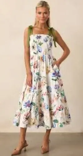 Prosperina Floral Smocked Midi Dress XS White Poppy Tiered Tie Strap Pockets thumbnail 1