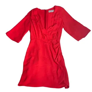 Amanda Uprichard Red Ruched V-Neck Bell Sleeve Mini Dress‎ XS thumbnail 1
