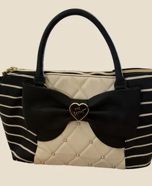 Betsey Johnson Black White Striped Quilted Bow Satchel Bag Pearl Heart Logo thumbnail 1
