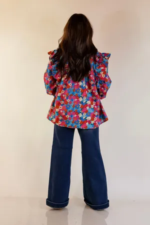 Entro Floral Detail Long Sleeve V-Neck Ruffle Detail Blouse Blue Multi thumbnail 4
