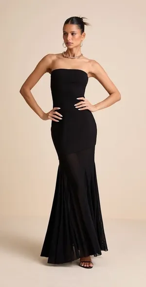 Lulus Elaris Black Mixed Media Strapless Maxi Dress Formal Evening Minimalist XL thumbnail 1