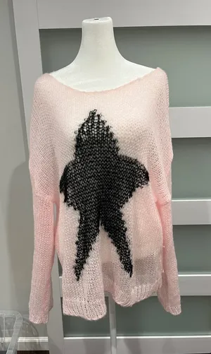 Soft and cozy Pink Star Open‎ Knit Oversized Sweater Scoop Neck Sheer Pullover thumbnail 1