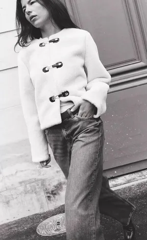 Zara Jacket coat teddy fur ivory cream cropped toggle  thumbnail 16