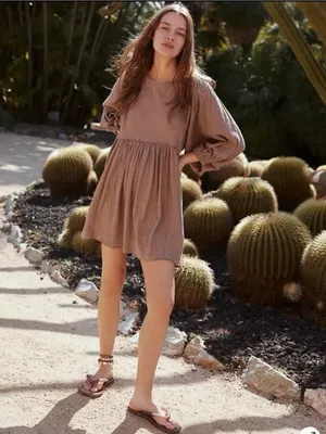 Free People Beach Get Obsessed Babydoll Dress XS Coastal Cowgirl Summer FP Brown thumbnail 5