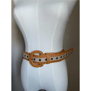 Woven Leather and Canvas Grommet Belt Wrapped Buckle One Size Cognac and Cream thumbnail 2