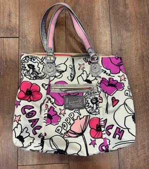 Coach Poppy Floral Graffiti Satin Tote Bag Purse 16306 Excellent Condition Charm thumbnail 1