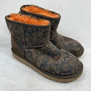 UGG Classic Mini Graffiti Brown Orange Suede Sheepskin Boots 1105432 Womens‎ 8 thumbnail 1