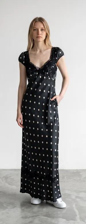 Free People Butterfly babe Polka Dot Satin Open Back Maxi Dress Black White M thumbnail 1