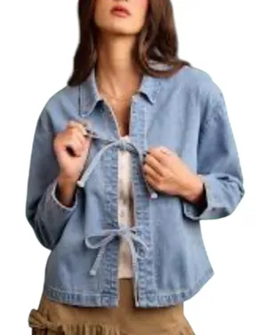 NEW Blue Denim Oversized Medium Tie Front Blazer Jacket Light Wash Fits Large thumbnail 1