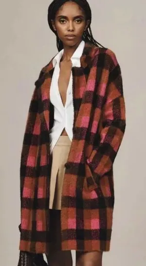 NVLT Pink‎ Brown Buffalo Plaid Double Breasted Fuzzy Longline Coat Coatigan thumbnail 1