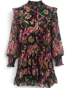MISA Los Angeles Mini Dress Womens Large Multicolor‎ Floral Smocked Ruffle Boho thumbnail 1