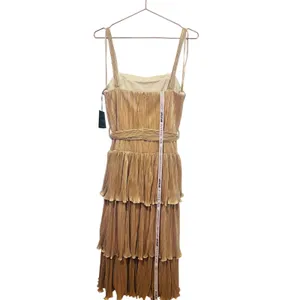 MAC DUGGAL Gold Metallic Plissé Square Neck Pleated Ruffle Belt Detail Dress 8 thumbnail 3