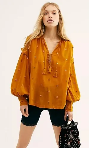 Free People Shine Bright Top‎ Womens Small Yellow Lagenlook Flowy Boho Rustic thumbnail 1