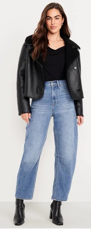 OLD NAVY High-Rise Wow Barrel Leg Jeans Medium Wash Denim Size 6 Short thumbnail 1