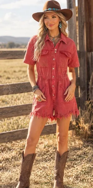 Peach Love California Red Denim Utility Romper Size Medium Western Boho thumbnail 1
