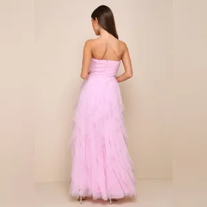 LULU’S Delightful Beauty Pink Mesh Strapless Ruched Ruffled Maxi Dress thumbnail 5