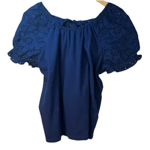 J. Crew Eyelet Puff Sleeve peasant eyelet resort top Medium Navy Blue Bow back thumbnail 1