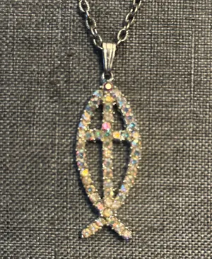 Vintage AB Rhinestone Ichthus Fish Cross Pendant Necklace thumbnail 2