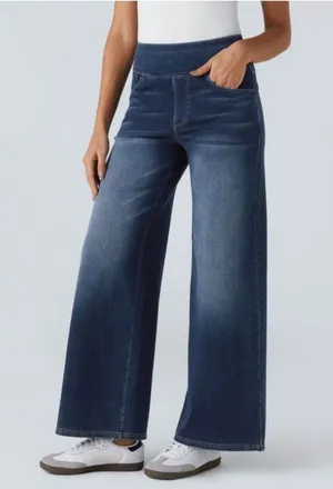 Halara XS Petite Athleisure Wide-Leg Denim Pants With Elastic Waistband Stretchy thumbnail 1