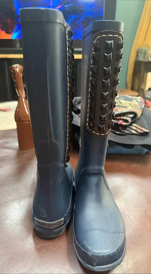 BCBGMaxAzria Navy Rain Boots with Brown Studded Trim thumbnail 1