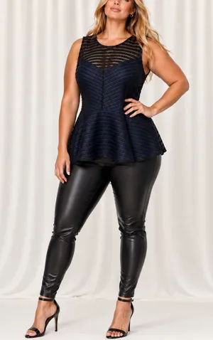 City Chic XXL Black & Royal Blue Mesh Stripe Peplum Top | Sheer Detail (1313) thumbnail 1