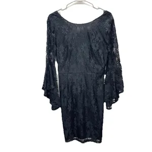 NWT‎ Lulus Allure 'Em In Black Lace Flounce Bell Sleeve Sheath Dress LARGE thumbnail 4
