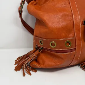 Avorio Italian Leather Tassel Shoulder Bag Orange Boho Womens Large thumbnail 2