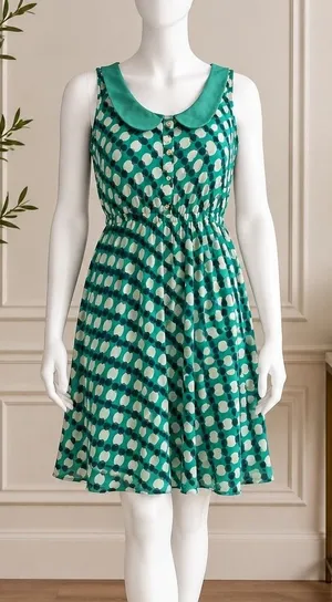 Xhilaration Womens Dress Green Geometric Dot Peter Pan Collar Size Medium thumbnail 1