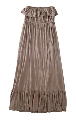Forever 21 Strapless Long Dress Ruffle Top Crochet Trim Maxi Dress Small Brown thumbnail 1
