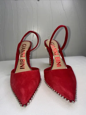 Gianni Bini red suede rhinestones-trimmed slingback pumps thumbnail 3