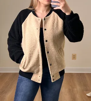 Movint Colorblock Raglan Sleeve Fleece Bomber Jacket L Black Tan Teddy thumbnail 1