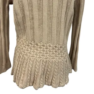 Chaps Petite Cable Knit Peplum Cardigan Boho 100% Cotton Shawl Collar Tan P/L thumbnail 6