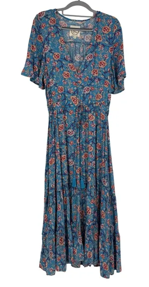 Anthropologie Sunday Mi Amor‎ Floral Tiered Maxi Dress M Boho Tassel Cottage thumbnail 1