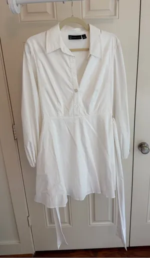 White Poplin Tie Waist Shirt Dress Long Sleeve Mini Dress thumbnail 1